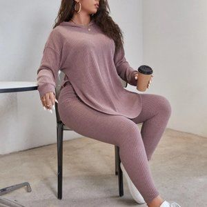 Plus Size Curved Hem Hooded Waffle Knit Hoodie And Leggings
